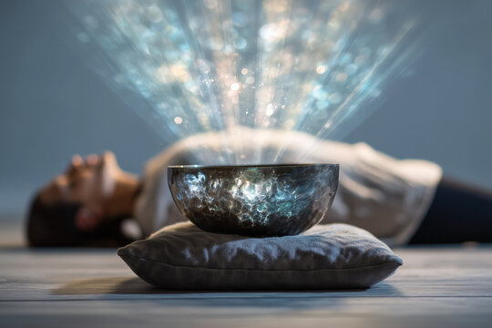 Individual lays on soft cushion with eyes closed, experiencing sound therapy from a singing bowl. Serene interior with soothing colors, promoting mindfulness and relaxation