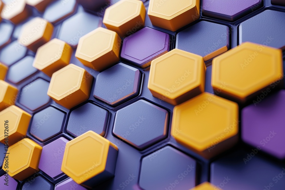 Poster abstract hexagonal pattern with yellow and purple elements on a textured surface