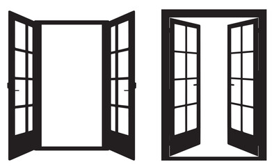 Black and white illustration of open french doors with grid window panes and white space