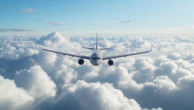 A white passenger jet above fluffy clouds