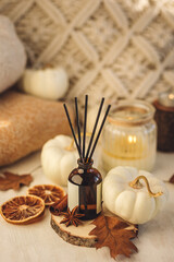 Concept of cozy fall home atmosphere, aromatherapy. Perfume, appartment aroma diffuser with autumn scent of pumpkin spicy latte, cinnamon, anise. Room decor with pumpkins, dry orange, wool plaid