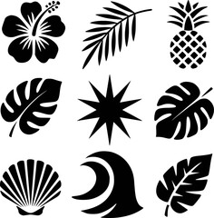 Black and white tropical and summer silhouettes of plants and elements isolated © Mehedy