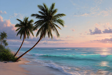 Obraz premium Two Palm Trees on Serene Sunset Beach Teal Ocean Waves