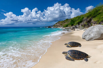 Two Sea Turtles on Pristine Sandy Beach Turquoise Ocean Blue Sky 1