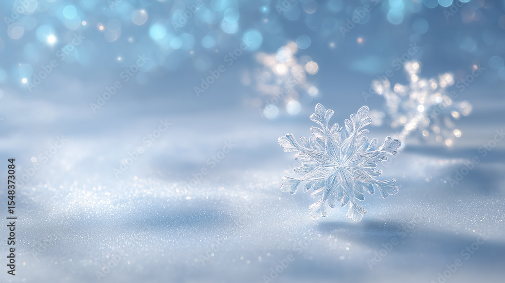 Aufkleber snowflakes settle softly on a sparkling winter surface, creating a tranquil atmosphere in a cool blu