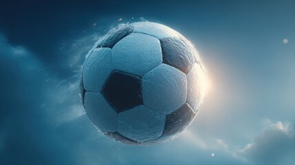 A soccer ball is captured mid-flight against a blue sky with clouds. The dynamic motion conveys the excitement of outdoor sports, showcasing athletic energy and passion for the game.