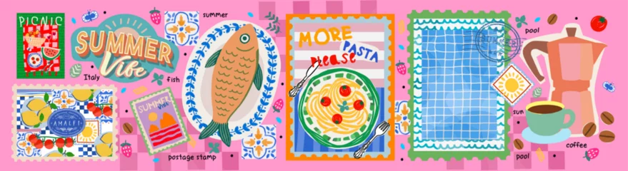  Summer vibe. Amalfi. Vector illustration of fish sardine, picnic, sea bass, Italian pasta, lemon, coffee, coffee pot and cup, swimming pool with tile texture, fork with pasta, postage stamps for icons © Ardea-studio