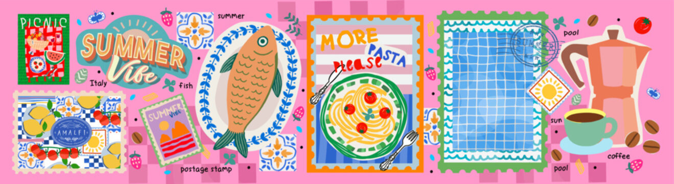 Summer vibe. Amalfi. Vector illustration of fish sardine, picnic, sea bass, Italian pasta, lemon, coffee, coffee pot and cup, swimming pool with tile texture, fork with pasta, postage stamps for icons