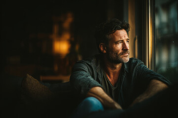 Obraz premium Sad middle aged man sitting alone near window at home