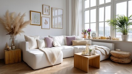 Cozy and bright living room with modern decor and natural elements during daytime
