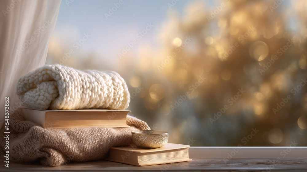 Aufkleber soft knitted blanket rests on stack of books near window with golden light filtering through. warm a