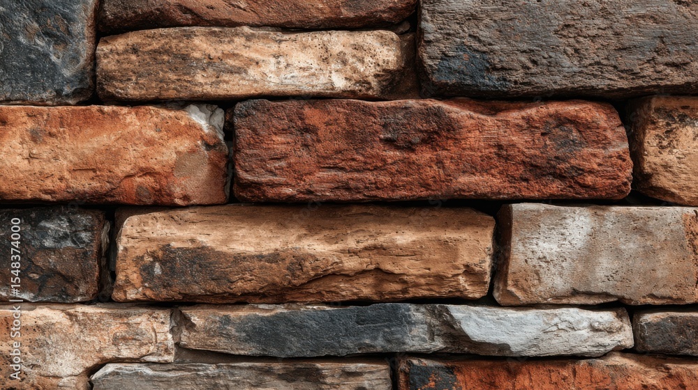 Poster a wall constructed with an array of stone blocks in rich earthy colors.