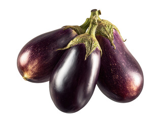 Three fresh purple eggplants with green stems isolated on a white background, close-up studio shot