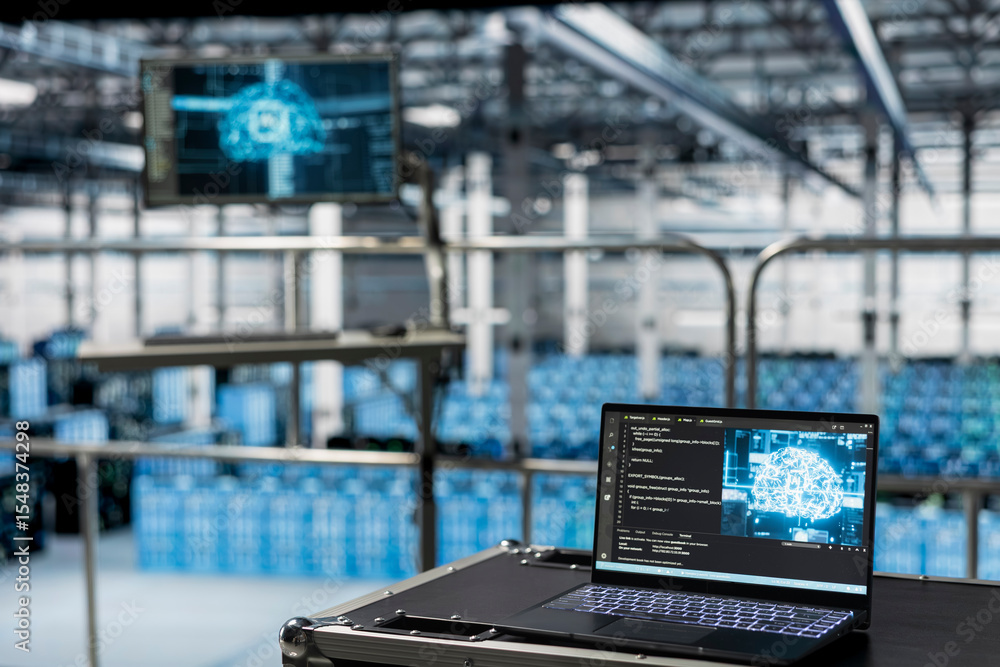 Poster close up of ai powered script running on laptop in server room built for digital storage systems. ar