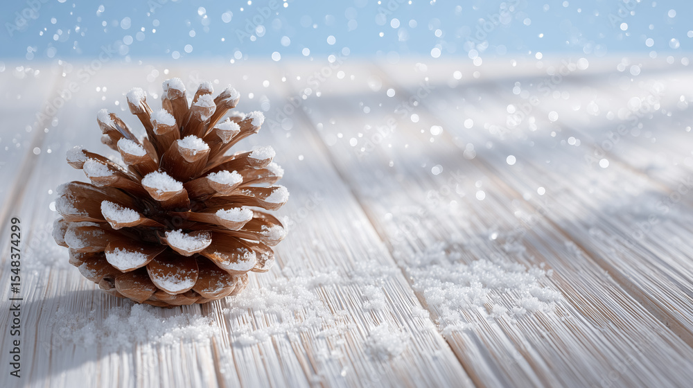 Poster pine cone rests on wooden surface, gently covered with snowflakes. serene winter setting with soft s