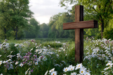 Wooden Cross in Daisy Field Green Trees Background