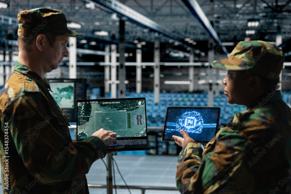 Poster team of army experts in data center analyzing missiles flight paths with deep learning tools. milita