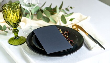 Elegant table setting featuring plates, cutlery, glasses, and eucalyptus, perfect for weddings, events, or fine dining.