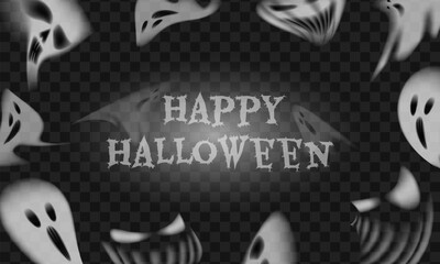 Glowing ghosts and sinister pumpkins surround the Happy Halloween text on a black background. A mysterious and eerie atmosphere perfect for Halloween-themed design