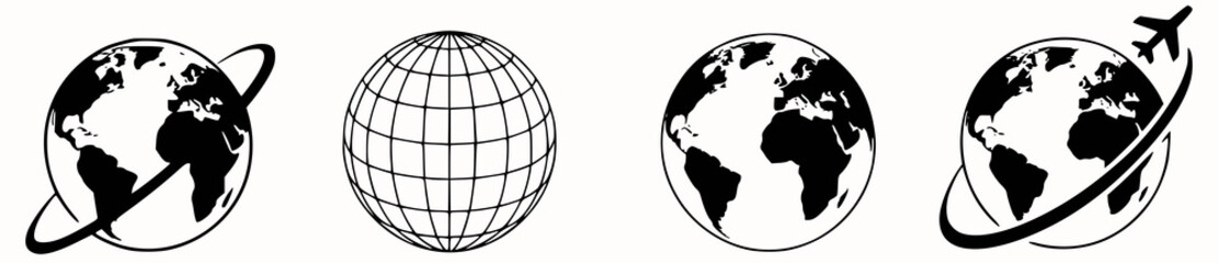 Simple black and white globe icons representing travel and global connectivity