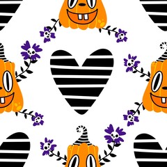 Autumn harvest vegetable seamless monster Halloween pumpkins pattern for wrapping paper and fabrics