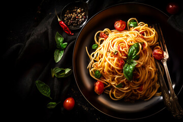 Dark plate with italian  spaghetti on dark background