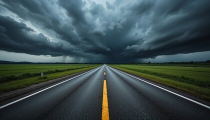 A long asphalt road stretches through green fields under a dramatic stormy sky