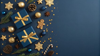 Elegant christmas flat lay with gifts ornaments pine cones and stars on dark blue background