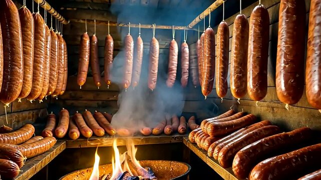 Rows of sausages hanging and smoking above open fire pit in rustic wooden smokehouse with glowing heat
