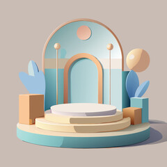 Podium Minimal Mockup, Minimalist Pale Blue Stage Mockup with Clear Circular Platform and Warm Tan Accents