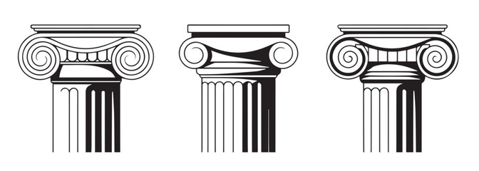 Vector illustration of three classical ionic columns in bold black and white