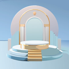 Podium Minimal Mockup, Minimalist Pale Blue Stage Mockup with Clear Circular Platform and Warm Tan Accents