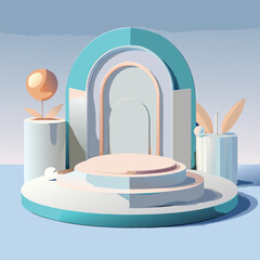 Podium Minimal Mockup, Minimalist Pale Blue Stage Mockup with Clear Circular Platform and Warm Tan Accents