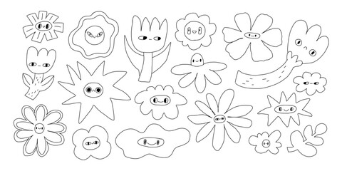 Naive flowers with cute faces. Set plants forms with eyes and mouth. Hand Drawn Floral Elements Clipart Set, Organic Botanical Vector
