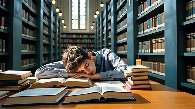Exhausted student sleeping on large stack of open books at wooden desk inside grand library reading room