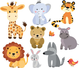 A vector set of cute cartoon-style wild animals, including lions, elephants, giraffes, and tigers, along with birds and butterflies on a white background