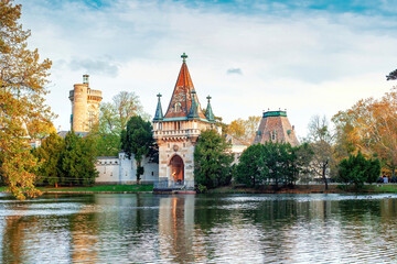 Medieval Franzensburg castle in autumn Laxenburg park, Lower Austria
