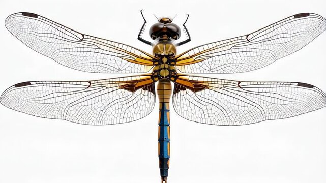 Dragonfly isolated on white background featuring detailed wings, thorax, segmented abdomen, and intricate venation, insect specimen