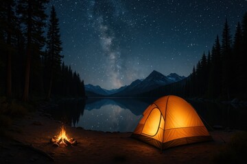 Rustic outdoor camping scene with glowing tent beside mountain lake under starry night sky