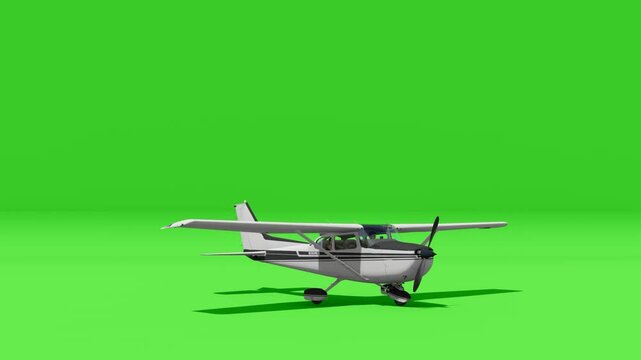 Small light aircraft on green screen background, ideal for aviation, pilot training, travel or transportation themed projects. Perfect for chroma key use in video editing or cinematic projects.