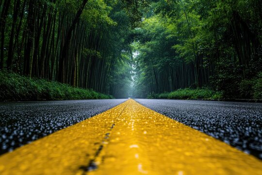 A wet asphalt road through a bamboo forest