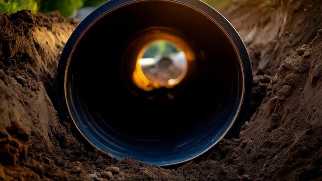 Large diameter plastic pipe laid in a trench, excavation for utility line construction, infrastructure project in brown soil, horizontal view through the pipe.