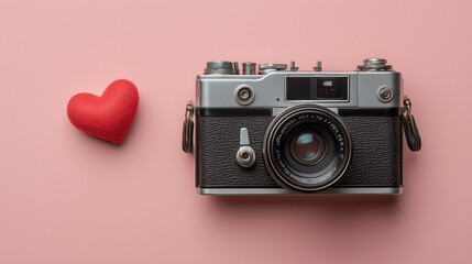 The combination of a classic camera and red heart on a pastel background offers a charming retro concept for holiday or vacation banners.

