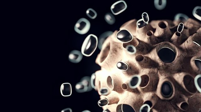 Seamless 4K loop of a biomorphic sphere ejecting floating glowing particles through tubular pores. Combines medical, biological and neural symbolism. Perfect for VJ loops, science videos and abstract