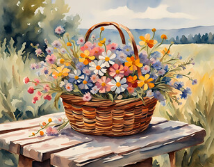 painting of wild flowers in a wicker basket