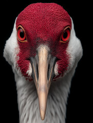 Close-Up Portrait of Red-Headed Crane on Black Background – Striking Bird Photography for Wildlife, Nature, and Ornithology