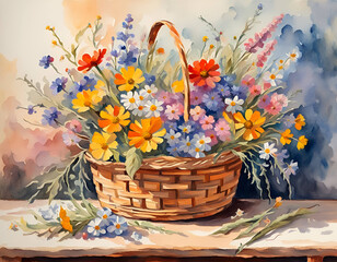 Painting of summer flowers in a basket on a table