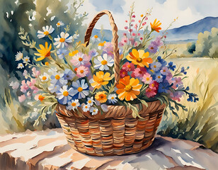 Basket of wild flowers on a timber table