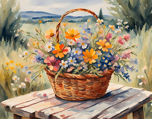 painting of wild summer meadow flowers in a wicker basket on a timber table in a country landscape