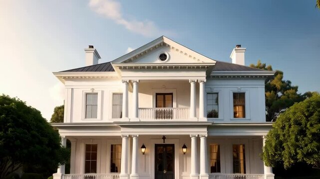Elegant white mansion with columned porch and balcony against a sunny sky, framed by lush green trees and manicured shrubs.